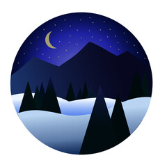 Winter night landscape of mountains and forest with moon and stars on the sky. Vector illustration in the circle