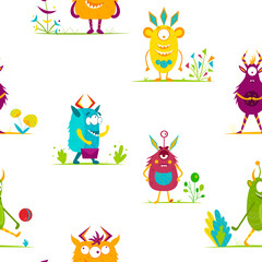 Obraz na płótnie Canvas Pattern with cartoon monsters. Cute monsters. Vector.