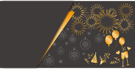 New year concept illustration. golden fireworks, ornaments, party elements, and champagne glasses on dark background. new year banner design. Vector illustration.
ニューイヤーカウントダウンイラスト、新年イベントイラスト、