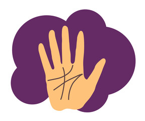 Palm and line of fate on a purple background. Symbol. Vector illustration.