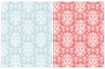 Simple Ornamental Seamless Vector Patterns Set. White and Yellow Abstract Floral Ornament Isolated on a Pastel Blue and Pale Red Background. Decorative Print ideal for Fabric, Textile.