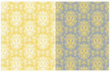 Simple Ornamental Seamless Vector Patterns Set. White and Yellow Abstract Floral Ornament Isolated on a Illuminating Yellow and Gray Background. Decorative Print ideal for Fabric, Textile.