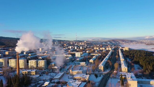 Zlatoust City on a Winter Sunny Day. Aerial View. Chelyabinsk Oblast. Russia. Drone Flies Forward