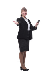 Business woman texting on her cell phone - isolated over a white background