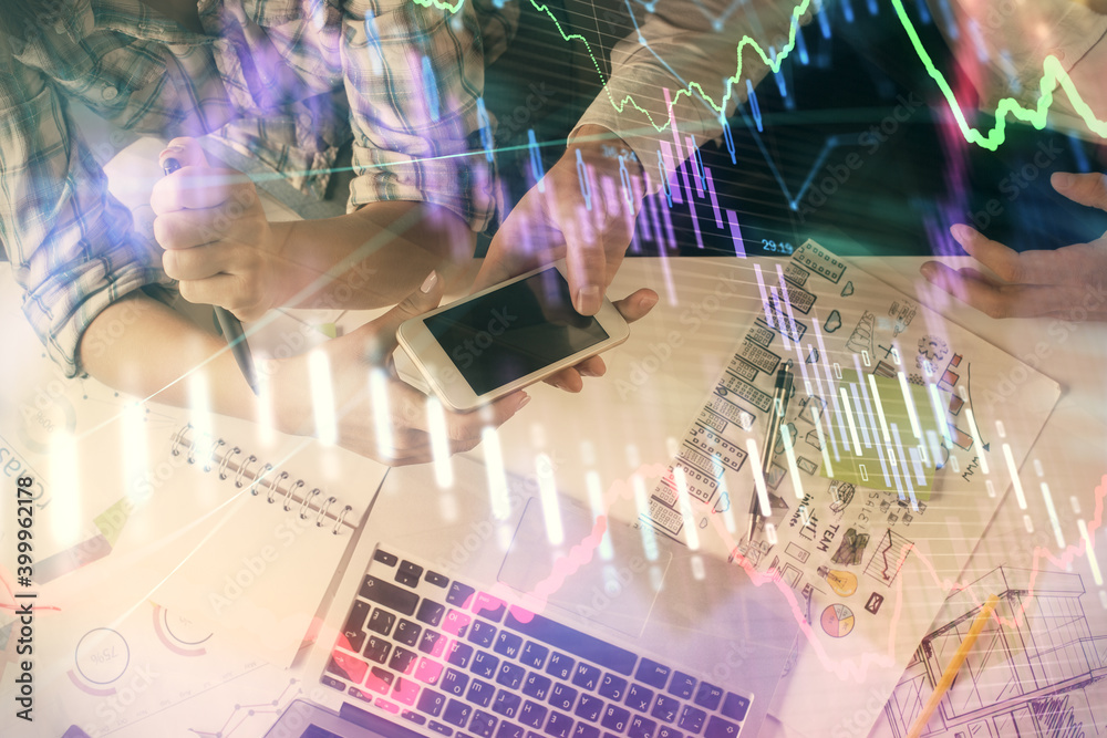 Poster double exposure of forex graph drawing and man and woman working together holding and using a mobile