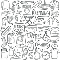 Laundry Room doodle icon set. Clean Machine Vector illustration collection. Home Hand drawn Line art style.