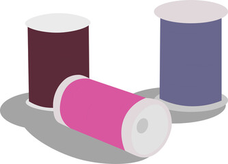 Spools of thread in various sizes and colors scattered on the surface.