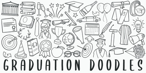 Graduation, doodle icon set. School Style Vector illustration collection. Education Banner Hand drawn Line art style.