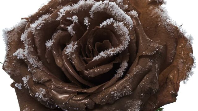 Beautiful mocha rose in frozen. Hybrid Rose Mokarosa close-up. Frost is growing on rose petals in frosty weather. Macro timelapse video. Top view