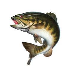 Smallmouth bass jumps out of water illustration isolate realistic. - obrazy, fototapety, plakaty