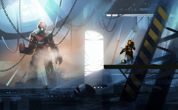Digital illustration painting design style a space marine ranger looking at to giant robot is in hangar, sci-fi story concept.