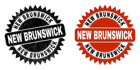 Black rosette NEW BRUNSWICK seal stamp. Flat vector textured seal stamp with NEW BRUNSWICK caption inside sharp rosette, and original clean template. Imprint with scratched style.
