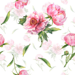 Fototapeta na wymiar Seamless Pattern with Watercolor Pink Peonies