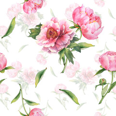 Seamless Pattern with Watercolor Pink Peonies