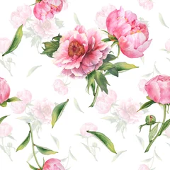 Gordijnen Seamless Pattern with Watercolor Pink Peonies © Natalia Zueva