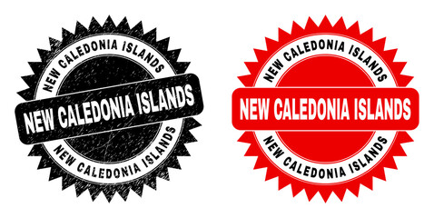 Black rosette NEW CALEDONIA ISLANDS watermark. Flat vector scratched watermark with NEW CALEDONIA ISLANDS text inside sharp rosette, and original clean source. Watermark with scratched texture.