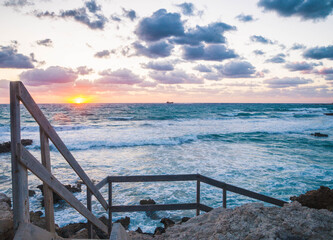 Sunset at Paphos, West coast of Cyprus. View on Mediterranean Sea.