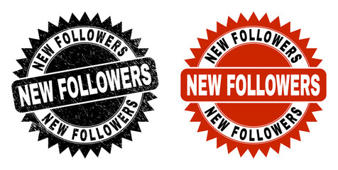 Black rosette NEW FOLLOWERS watermark. Flat vector grunge watermark with NEW FOLLOWERS caption inside sharp rosette, and original clean template. Watermark with scratched style.