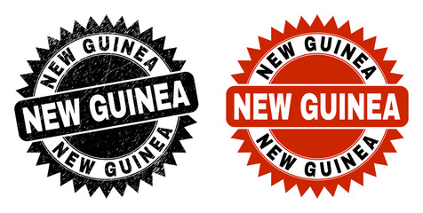 Black rosette NEW GUINEA watermark. Flat vector textured stamp with NEW GUINEA title inside sharp rosette, and original clean source. Watermark with corroded texture.