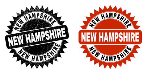 Black rosette NEW HAMPSHIRE watermark. Flat vector textured stamp with NEW HAMPSHIRE text inside sharp rosette, and original clean template. Watermark with distress texture.