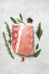 Food preparation raw meat ham beef lamb with rosemary. the butcher shop showcase. lunch or dinner new year Christmas Holiday,  food top view