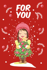 A girl holds a Christmas tree on a red background
