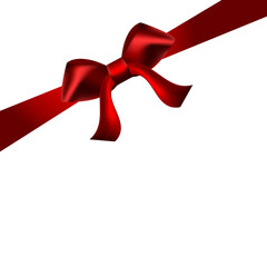 Vector illustration. On a white background there is a red, voluminous ribbon bow. Red gift bow
