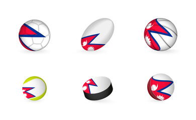 Sports equipment with flag of Nepal. Sports icon set.