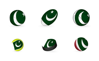 Sports equipment with flag of Pakistan. Sports icon set.