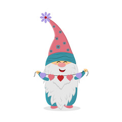 gnome with a garland of hearts, color isolated vector illustration in flat style, clipart, design, decoration, printing, paper scrapbooking, sublimation
