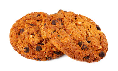 Two chocolate chip cookies isolated on white background