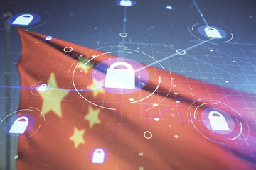 Virtual creative lock sketch with chip hologram on Chinese flag and sunset sky background,...