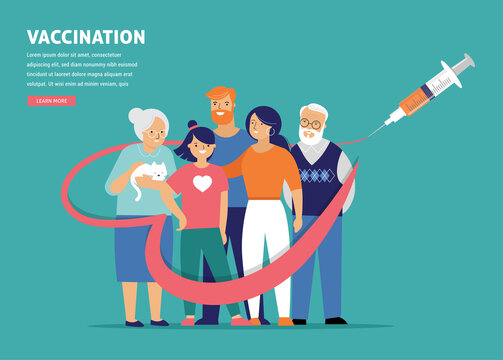 Family Vaccination concept design. Time to vaccinate banner - syringe with vaccine for COVID-19, flu or influenza and a family