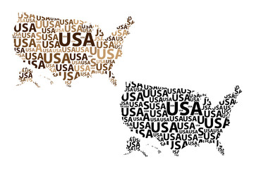 Sketch United States of America letter text map, USA - in the shape of the continent, Map of  USA - brown and black vector illustration