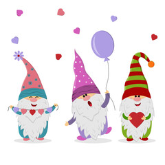gnome set for valentine's day, flat color vector illustration, greeting card, banner, poster, decor, decoration, paper scrapbooking