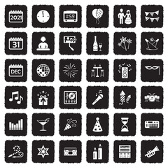 New Year Icons. Grunge Black Flat Design. Vector Illustration.