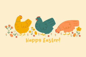 Postcard with chickens and flowers. Happy easter. Vector graphics.
