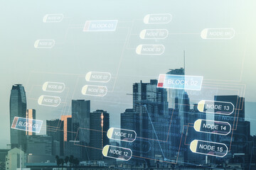 Naklejka premium Abstract virtual coding concept on Los Angeles skyline background. Multiexposure