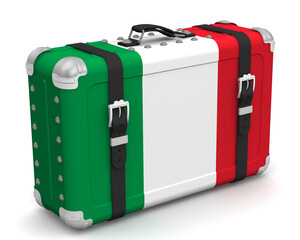 Stylish suitcase with the national Flag of Italy. Retro suitcase with the national Flag of Italy stands on a white surface. 3D illustration