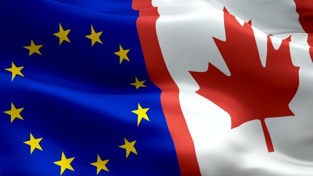 Euro and Canadian flag waving video in wind footage Full HD. Euro vs Canadian flag waving video download. EU Canada Flag Looping Closeup 1080p Full HD 1920X1080 footage. Europe Canadian countries flag