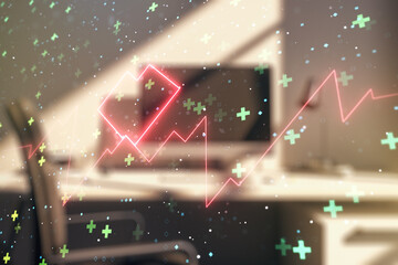 Creative concept of heart pulse illustration and modern desktop with computer on background....