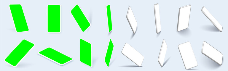 Realistic phone mockup,clay mobile set concept with shadow isolated. White smartphones in different angles view with blank screen. 3D template set. Communication mean, modern gadget model presentation