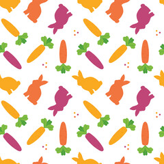 Cute colorful cartoon style vector seamless pattern background with rabbits and carrots.