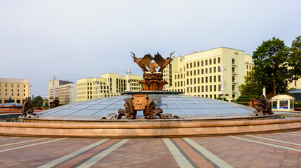 Fountain with storks on Independence Square. Minsk. Belarus.