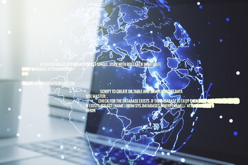 Multi exposure of abstract creative coding sketch with world map on modern laptop background, artificial intelligence and neural networks concept