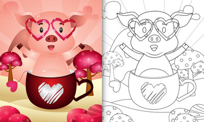 coloring book for kids with a cute pig in the cup themed valentine day