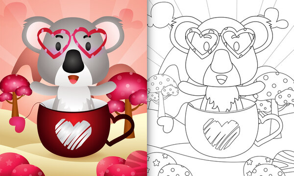 coloring book for kids with a cute koala in the cup themed valentine day