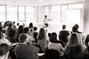 Fototapeta premium Business and entrepreneurship symposium. Speaker giving a talk at business meeting. Audience in conference hall. Rear view of unrecognized participant in audience.