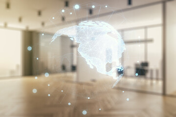 Obraz premium Double exposure of digital map of North America hologram on modern corporate office background, research and strategy concept
