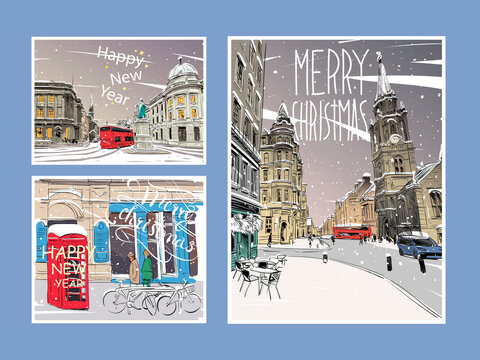 Edinburgh Merry Christmas and New Year greeting card design.Trendy cover template. Winter city. Hand drawn vector illustration